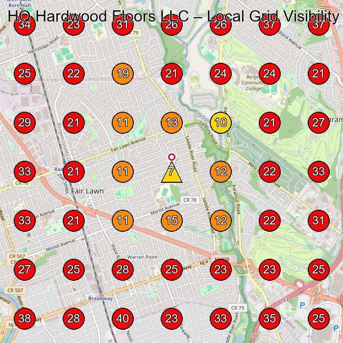 HQ Hardwood Floors LLC GeoGrid visibility map for Flooring Store in Paramus